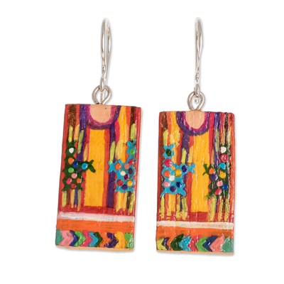 Wood dangle earrings, 'San Juan Huipil' - Cedar Wood Hand Painted Huipil Earrings from Guatemala
