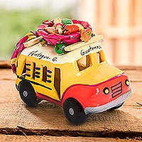 Mini ceramic sculpture, 'Red and Yellow Old Time Bus' - Red and Yellow Ceramic Bus Sculpture from Guatemala