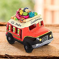 Mini ceramic sculpture, 'Red and Black Old Time Bus' - Red and Black Ceramic Bus Decoration from Guatemala