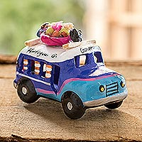 Mini ceramic sculpture, 'Blue Old Time Bus' - Blue and Turquoise 3.5 In Ceramic Bus from Guatemala