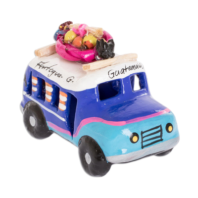 Mini ceramic sculpture, 'Blue Old Time Bus' - Blue and Turquoise 3.5 In Ceramic Bus from Guatemala