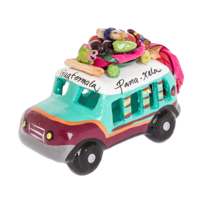 Mini ceramic sculpture, 'Brown and Turquoise Old Time Bus' - Green and Brown Ceramic Mini Bus Decoration from Guatemala
