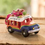 Mini ceramic sculpture, 'Mini Old Time Bus' - Green Striped Ceramic Bus 3 Inch Figurine from Guatemala