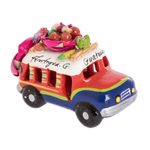 Mini ceramic sculpture, 'Mini Old Time Bus' - Green Striped Ceramic Bus 3 Inch Figurine from Guatemala