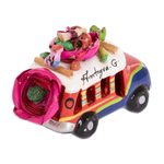 Mini ceramic sculpture, 'Mini Old Time Bus' - Green Striped Ceramic Bus 3 Inch Figurine from Guatemala