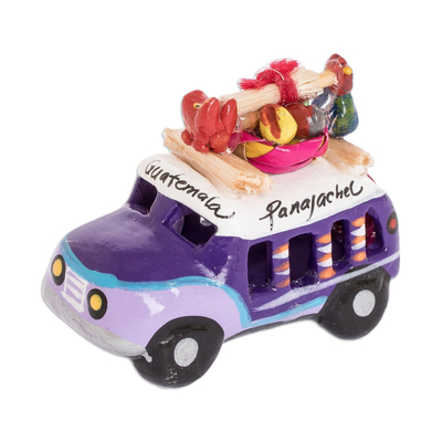 2 Inch Purple Ceramic Mini Bus Figurine from Guatemala - Purple