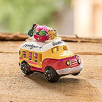 Mini ceramic sculpture, 'Petite Old Time Market Bus' - Yellow and Red Ceramic Mini Bus Figurine from Guatemala