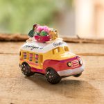 Mini ceramic sculpture, 'Petite Old Time Market Bus' - Yellow and Red Ceramic Mini Bus Figurine from Guatemala
