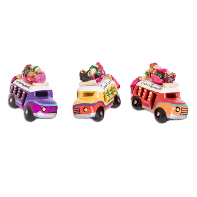 Ceramic magnets, 'Multicolor Old Time Buses' (set of 3) - Ceramic Refrigerator Magnets of Guatemalan Buses (Set of 3)