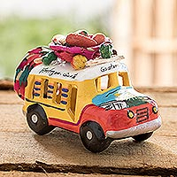 Mini ceramic sculpture, 'Red and Yellow Old Time Bus' - Red and Yellow Ceramic Mini Bus Figurine from Guatemala