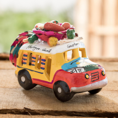 Red and Yellow Ceramic Mini Bus Figurine from Guatemala - Red and Yellow Old  Time Bus