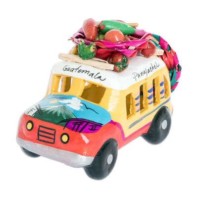 Mini ceramic sculpture, 'Red and Yellow Old Time Bus' - Red and Yellow Ceramic Mini Bus Figurine from Guatemala
