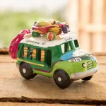 Mini ceramic sculpture, 'Green Old Time Bus' - Two Tone Green Ceramic Bus Figurine from Guatemala