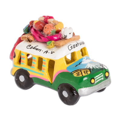Mini ceramic sculpture, 'Green and Yellow Old Time Bus' - Yellow and Green Ceramic Bus Figurine from Guatemala