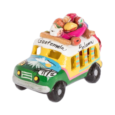 Mini ceramic sculpture, 'Green and Yellow Old Time Bus' - Yellow and Green Ceramic Bus Figurine from Guatemala