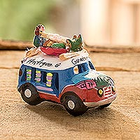 Mini ceramic sculpture, 'Blue and Red Old-Time Bus' - Red and Blue Ceramic Bus Decoration from Guatemala