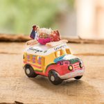 Mini ceramic sculpture, 'Yellow and Orange Old-Time Bus' - Yellow and Orange Ceramic Bus Decoration from Guatemala