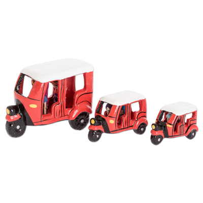 Mini-Keramikfiguren, (3er-Set) - Rote Mini-Tuc-Tuc-Taxis mit Puppen aus Guatemala (3er-Set)