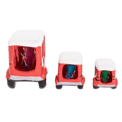 Mini ceramic figurines, 'Red Tuc Tucs' (set of 3) - Mini Red Tuc Tuc Taxis with Dolls from Guatemala (Set of 3)