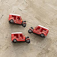 Ceramic magnets, 'Tuc Tucs to Go' (Set of 3) - Red Tuc Tuc Refrigerator Magnets from Guatemala (Set of 3)