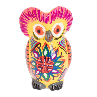 Ceramic sculpture, 'Sunrise Owl' - Decorated Yellow Ceramic Owl Figure with Geometric Design