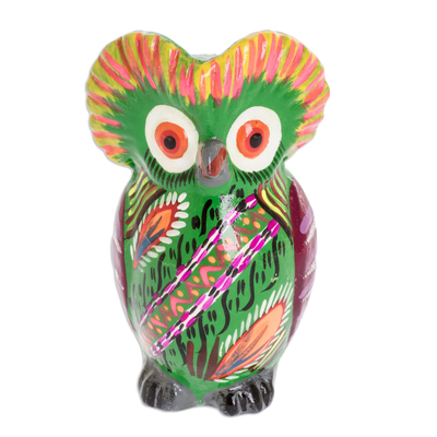 Decorated Green Ceramic Owl Figure from Guatemala, 'Rainforest Owl'