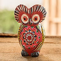 Ceramic sculpture, 'Mandala Owl' - Red Ceramic Owl Figure with Geometric Design on Chest