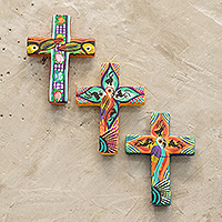 Ceramic magnets, 'Bird and Flower Crosses' (set of 3) - Hand Painted Cross Ceramic Refrigerator Magnets (Set of 3)
