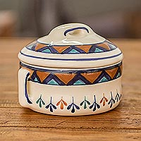 Ceramic salsa bowl, 'Antigua Breeze' - Off-White Ceramic Covered Bowl with Geometric Design