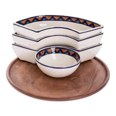 Ceramic appetizer serving set, 'Antigua Breeze' (5 pieces) - Ceramic and Wood Chips and Dip Service (5 Pieces)