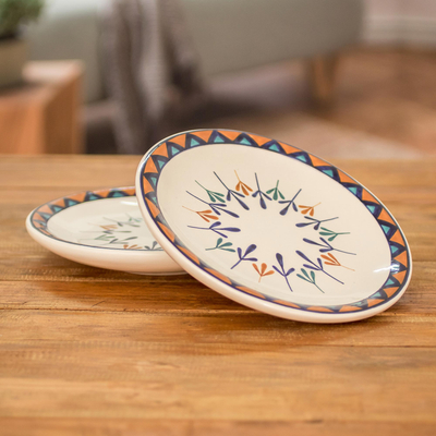 Ceramic luncheon plates, 'Antigua Breeze' - Two Off-White Ceramic Luncheon Plates with Geometric Design
