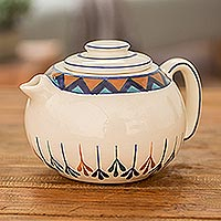 Tetera de cerámica, 'Antigua Breeze' - Tetera de cerámica pintada a mano con diseño geométrico