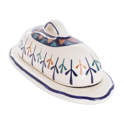 Ceramic butter dish, 'Antigua Breeze' - Ceramic Hand Painted Butter Dish with Geometric Design