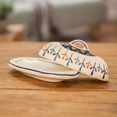 Ceramic butter dish, 'Antigua Breeze' - Ceramic Hand Painted Butter Dish with Geometric Design