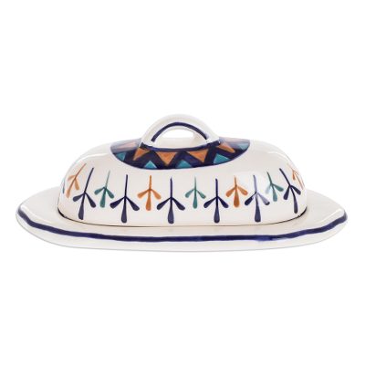 Ceramic butter dish, 'Antigua Breeze' - Ceramic Hand Painted Butter Dish with Geometric Design