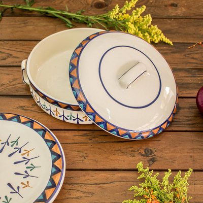 Ceramic covered casserole dish, 'Antigua Breeze' - Ceramic Hand Painted Round Covered Casserole Dish