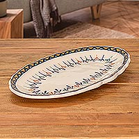 Ceramic oval platter, 'Antigua Breeze' (19 inch) - Ceramic Oval Serving Platter with Geometric Design (19 Inch)
