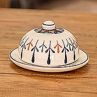 Quesera cubierta de cerámica, 'Antigua Breeze' - Quesera cubierta con diseño geométrico de cerámica pintada a mano