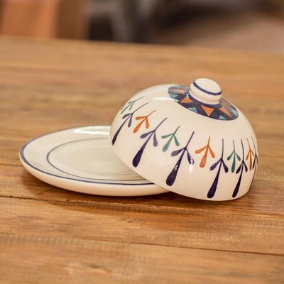 Ceramic covered cheese dish, 'Antigua Breeze' - Ceramic Hand Painted Geometric Design Covered Cheese Dish