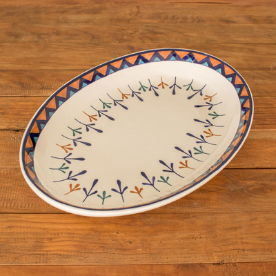 Ceramic oval platter, 'Antigua Breeze' (14 inch) - Ceramic Hand Painted Oval Serving Platter (14 Inch)