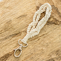 Cotton macrame key chain, 'Braided Ivory Loop' - Pewter and 100% Cotton Macrame Key Chain from Guatemala