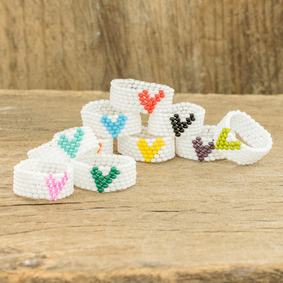 Beaded friendship rings, 'Multicolored Hearts' (set of 10) - Heart Glass Bead Friendship Rings From Guatemala (Set of 10)