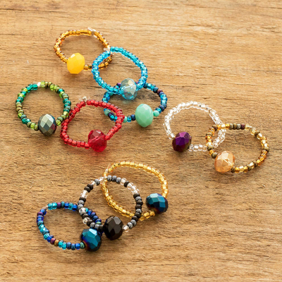 Crystal ring set, 'Sparkly Friendship' (set of 10) - Multicolored Glass and Crystal Beaded Rings (Set of 10)