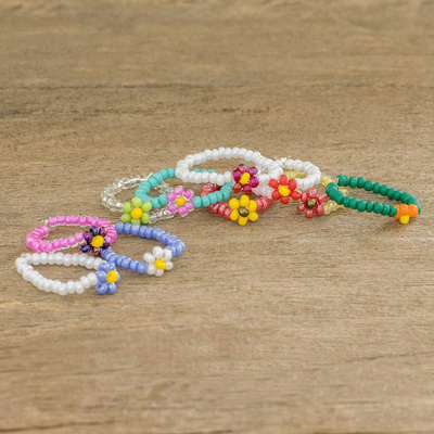 Zehenringe mit Perlen, 'Foot Garden' (10er-Set) - Zehn florale mehrfarbige Glasperlen-Zehenringe aus Guatemala