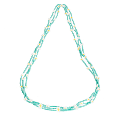 Teal and White Glass Beaded Necklace Strands (Set of 6)