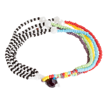 Beaded bracelets, 'Rainbow Zebra' - Black and White Multicolor Multiple Strand Bracelet