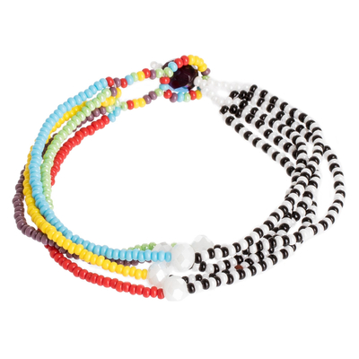 Beaded bracelets, 'Rainbow Zebra' - Black and White Multicolour Multiple Strand Bracelet