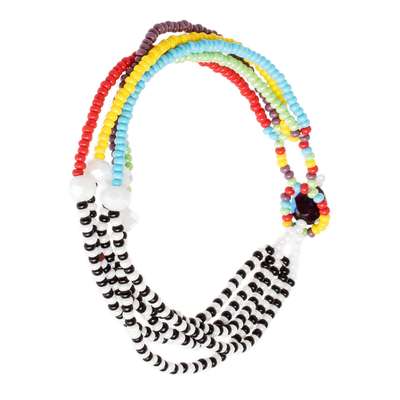 Beaded bracelets, 'Rainbow Zebra' - Black and White Multicolour Multiple Strand Bracelet