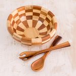 Mahogany salad serving set, 'Guatemala Checkerboard' - Checkerboard Pieced Tropical Wood Salad Bowl and Spoons