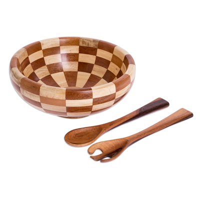 Juego de servir ensalada de caoba - Ensaladera y cucharas de madera tropical con piezas de tablero de ajedrez